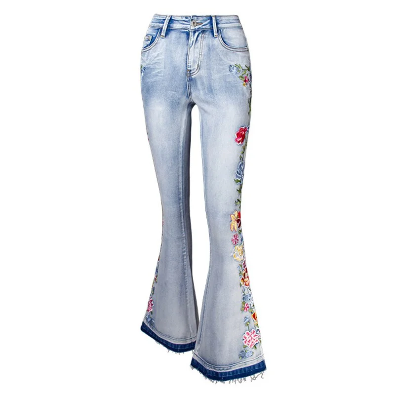 Cartoonh Floral Embroidered Side Elegant Skinny Flare Jeans Vintage Style Women Light Blue Frayed Hem Streetwear Jeans