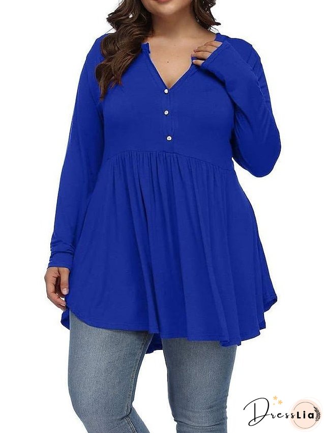 T shirt Tee Light Blue claret Deep Purple Plain Button Flowing tunic Long Sleeve Daily Weekend Basic V Neck Long Plus Size L for Women