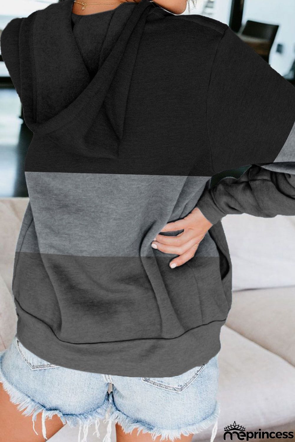 Zip Front Color Block Splicing Drawstring Hoodie