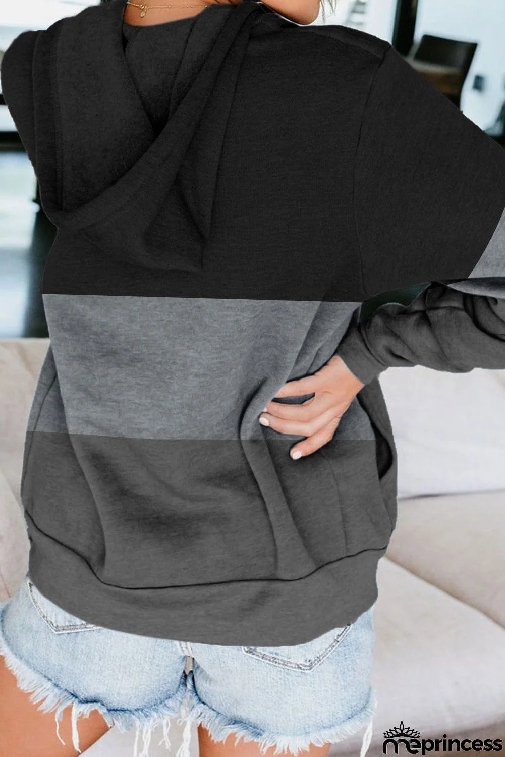 Zip Front Color Block Splicing Drawstring Hoodie
