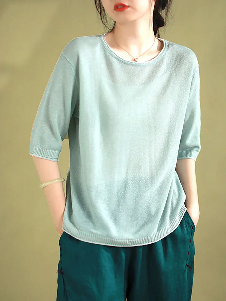 Women Summer Casual Solid Knitted Loose Shirt