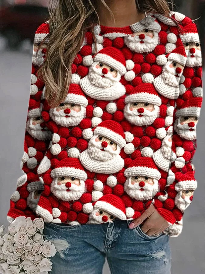 Women's Christmas Pom Pom Funny Santa Printed Sweatshirt