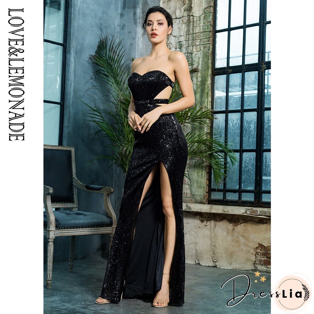 Love&Lemonade  Black Bra Open Back Back Pleated Sequins Slim Dress Party Long Dress Lm81335