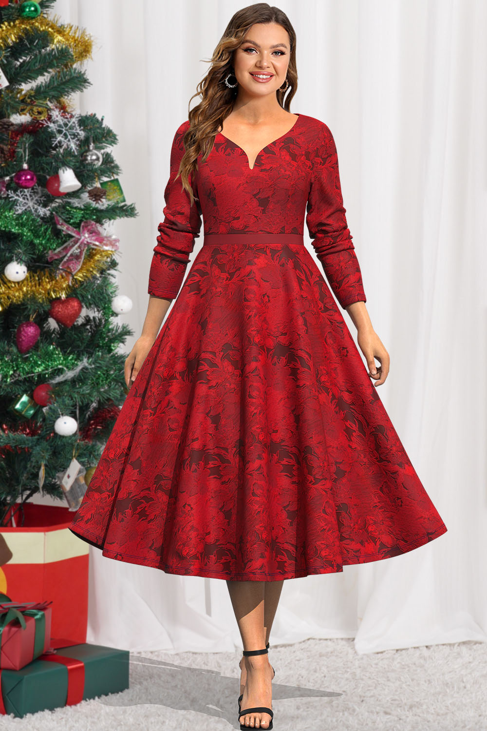 Flycurvy Plus Size Christmas Red Print V Neck Empire Waist Tunic Tea-Length Dress