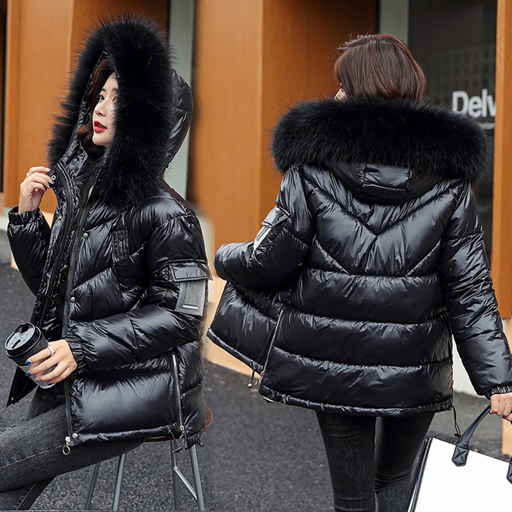 Vielleicht Women Winter Hooded Thick Short Jacket Solid Casual Glossy Warm Cotton Padded Parkas Fur Collar Winter Coat Women