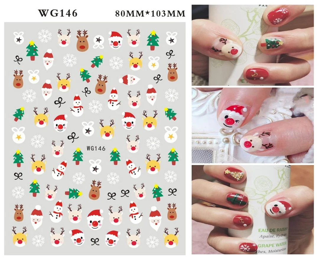 Merry Christmas 3D Nails Sticker Winter Cute Cartoon Sliders Snowflake Elk Xmas Tree Decal UV Gel Polisn Manicures Foils Decor-Nail Inspo
