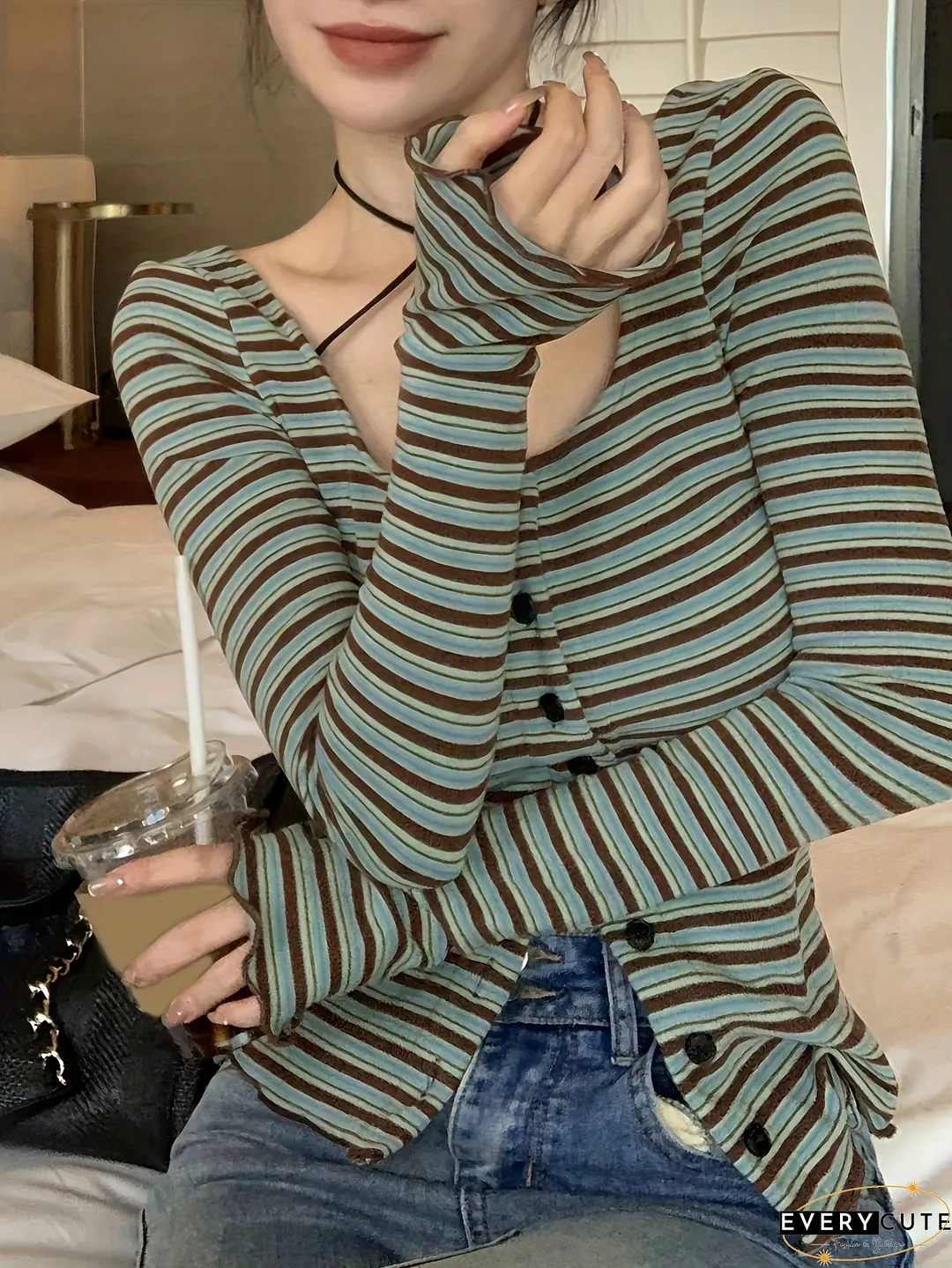 Striped Print Button Front T-Shirt Casual Cross Tie Neck Long Sleeve For Spring Fall