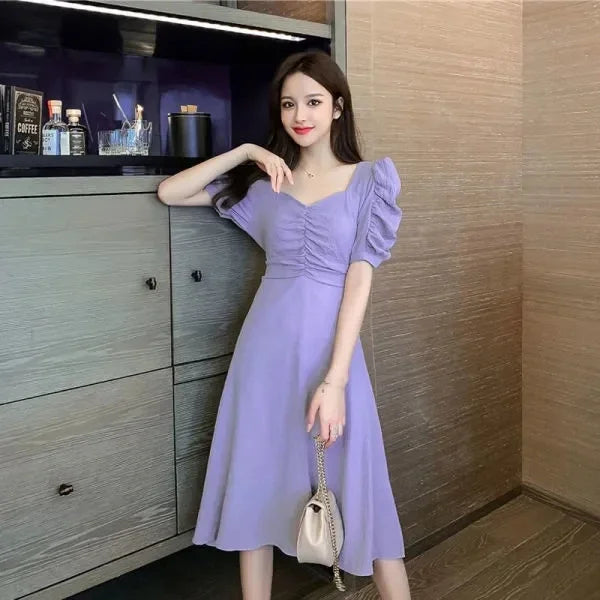 OLCooL Women Summer Sexy White Puff Sleeve Slim White Dress New Fairy Satin V-neck Side Slit Elegant Sweet Long Cottagecore Dresses olcool