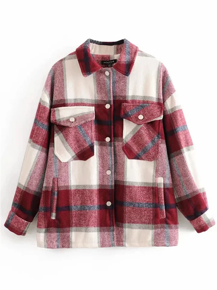 Classic Plaid Lapel Chest Pocket Soft-Touch Loose Shaket