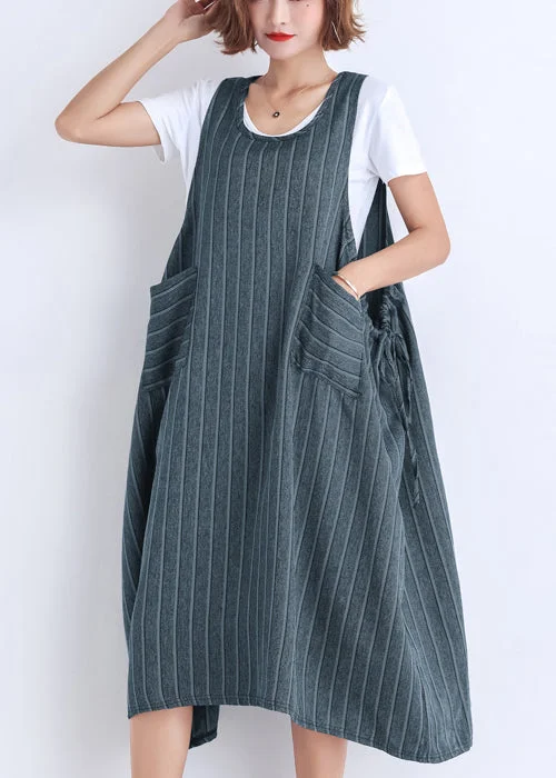 DIY Sleeveless pockets Cotton clothes Women Korea Wardrobes striped Dress Summer