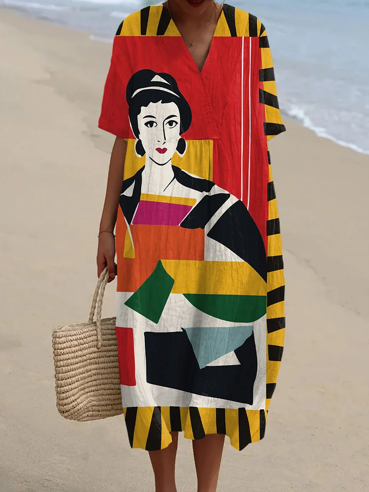 Retro Abstract Color Block Art Print V-Neck Midi Dress