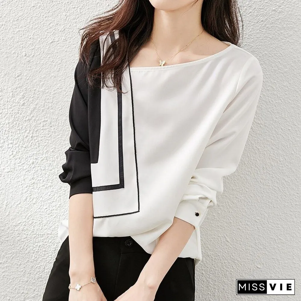 Casual Korean Style Long Sleeve Loose Shirt Diagonal Collar Office Ladies Chiffon Shirt Print Ladies Fashion Patchwork T Origin