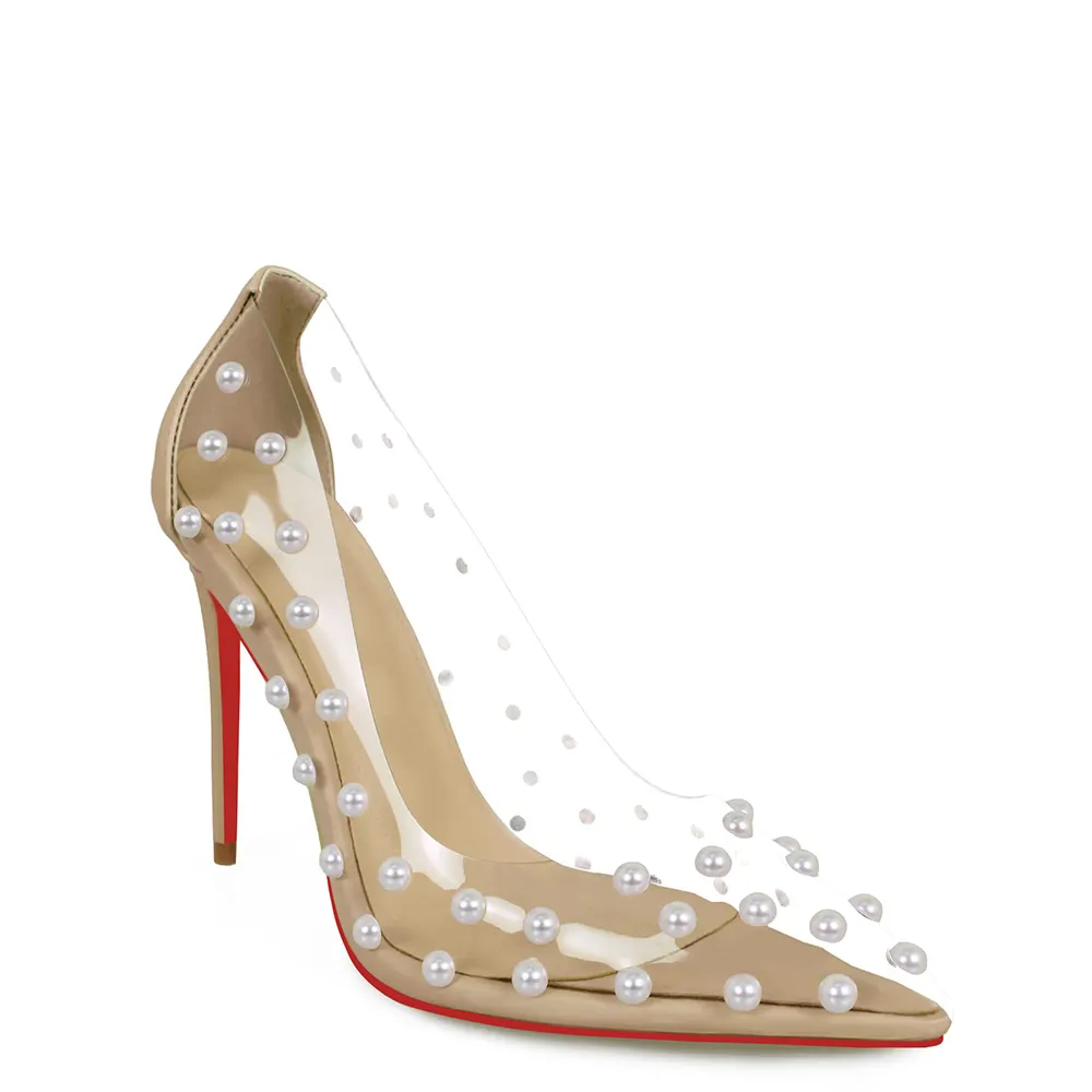 100mm Women's Pumps Pointed Toe Women High Heel Shoes Fashion Pearl Studded PVC Clear Heels Party Dress Red Bottom Shoes-vocosishoes