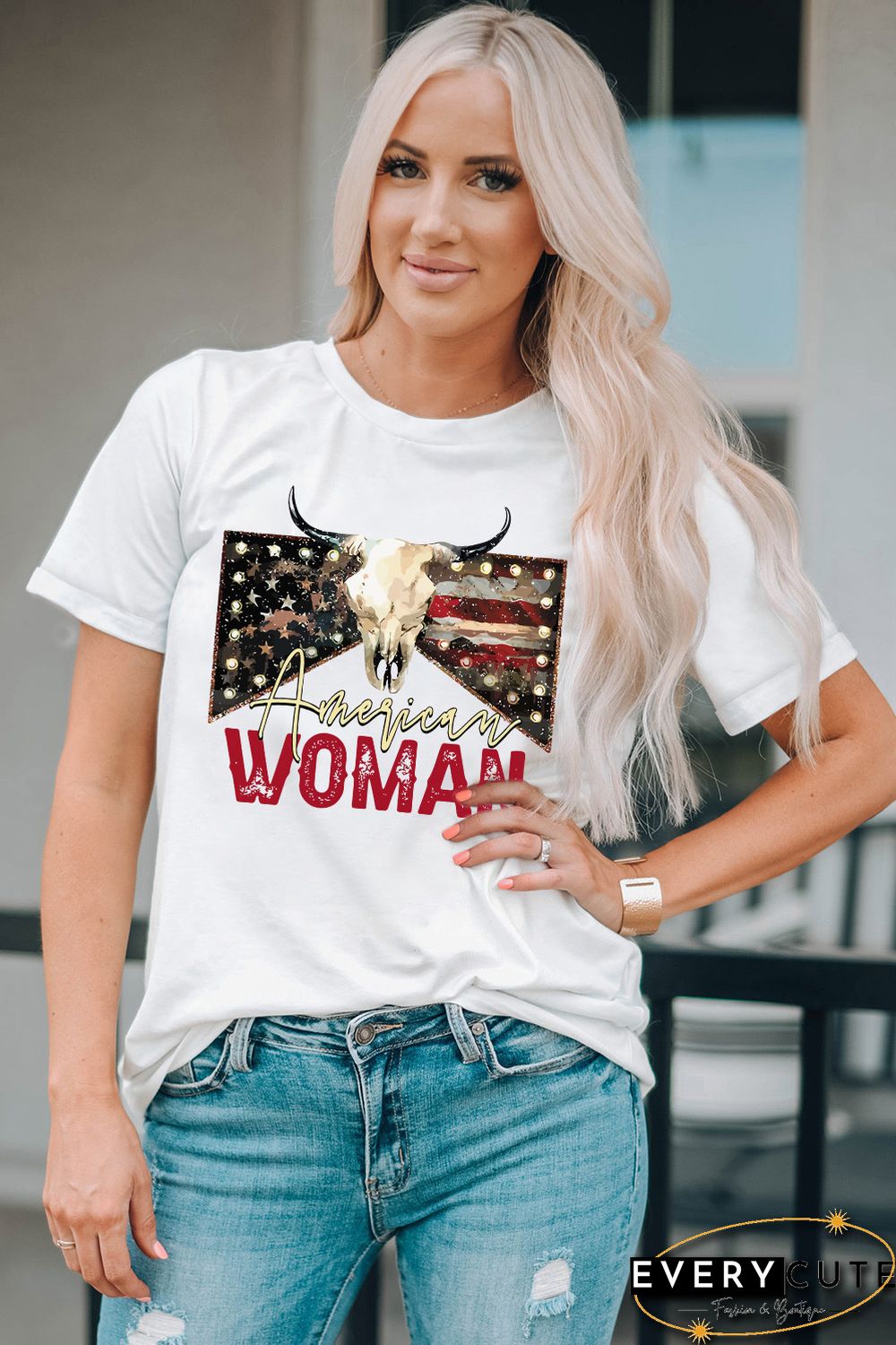 White American Woman Cow Skull Print Graphic T Shirt