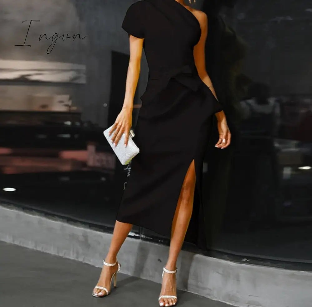 Ingvn - One Shoulder Ruched Irregular Party Dress Office Lady Look Women Black / S