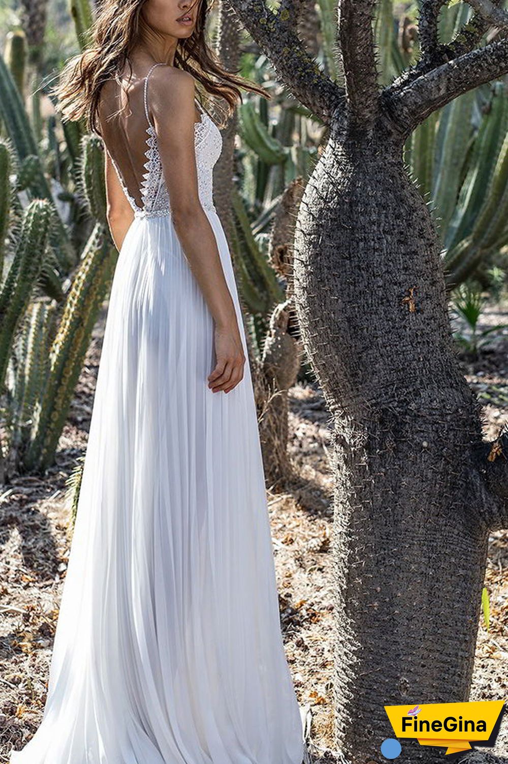 White Lace Spaghetti Straps Chiffon Dress