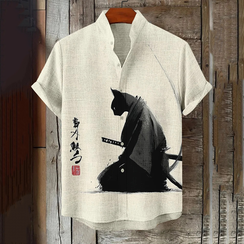 Men's Warrior Cat Kneeling Ink Painting Art Print Casual Shirt  artssus