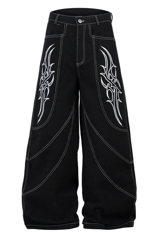 Badass Totem Wing Embroidered Baggy Denim Pants