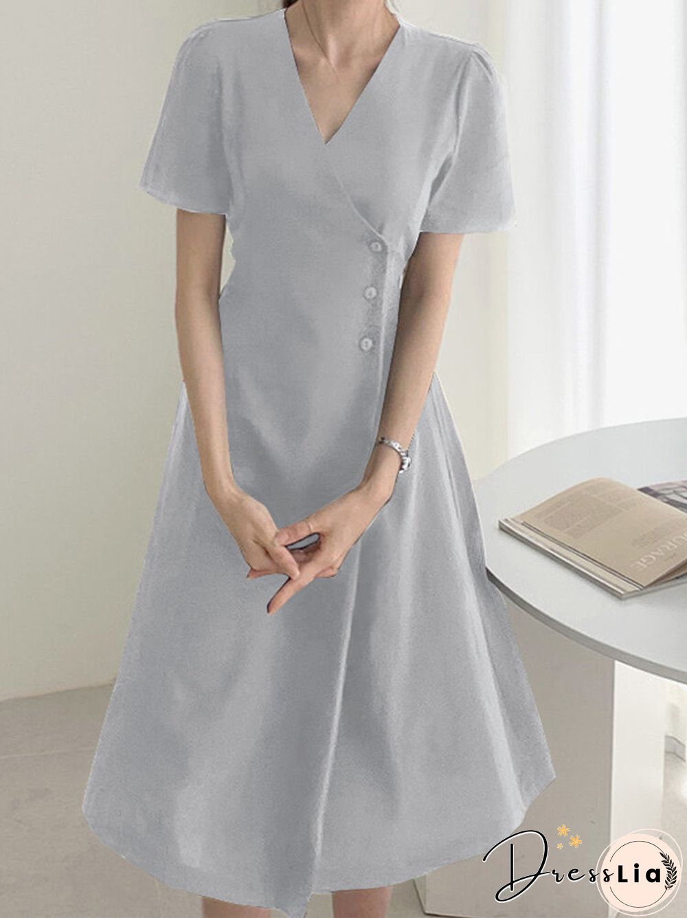 Solid Warp Button Front V-neck Short Sleeve Casual Dress