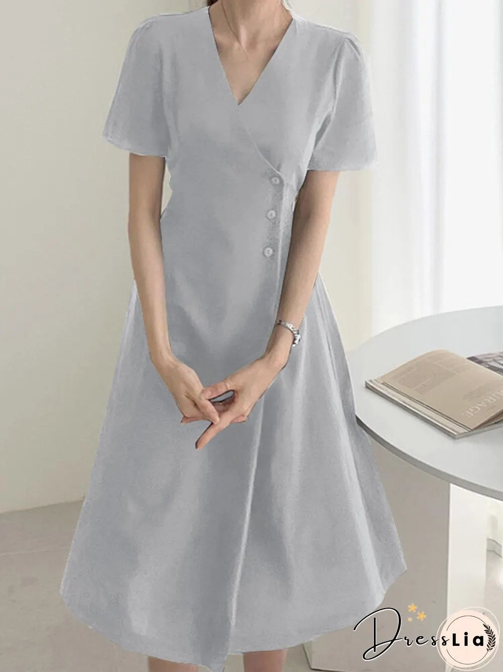 Solid Warp Button Front V-neck Short Sleeve Casual Dress