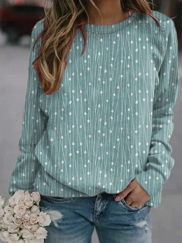 Women Polka Dots Casual Autumn Lightweight Micro-Elasticity Jersey Best Sell Crew Neck Regular Sweatshirts