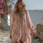 Boho Pink Roses Glitter Lace Flowy Linen Mini Dress - Image 2