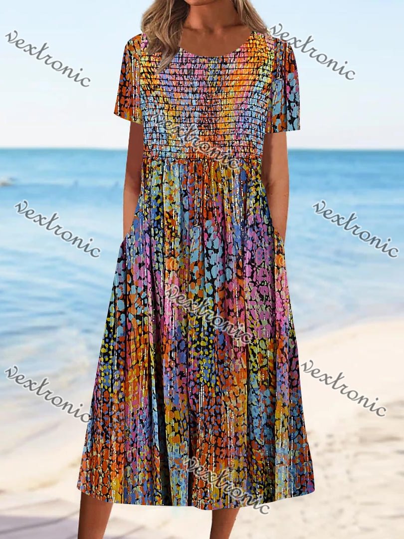 Women Casual Short Sleeve Scoop Neck Tie Dye Midi Dress