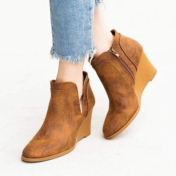  Point Toe Side-Cut Solid High Wedges Ankle Boots