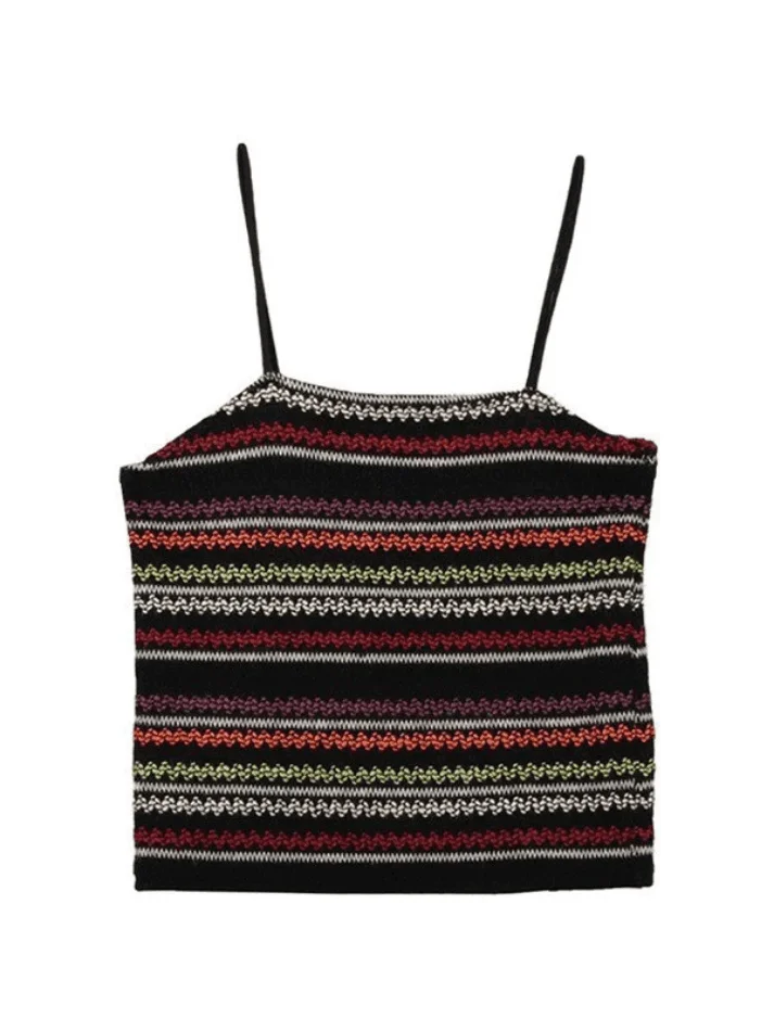 Brownm Color Block Striped Knitted Crop Cami Top
