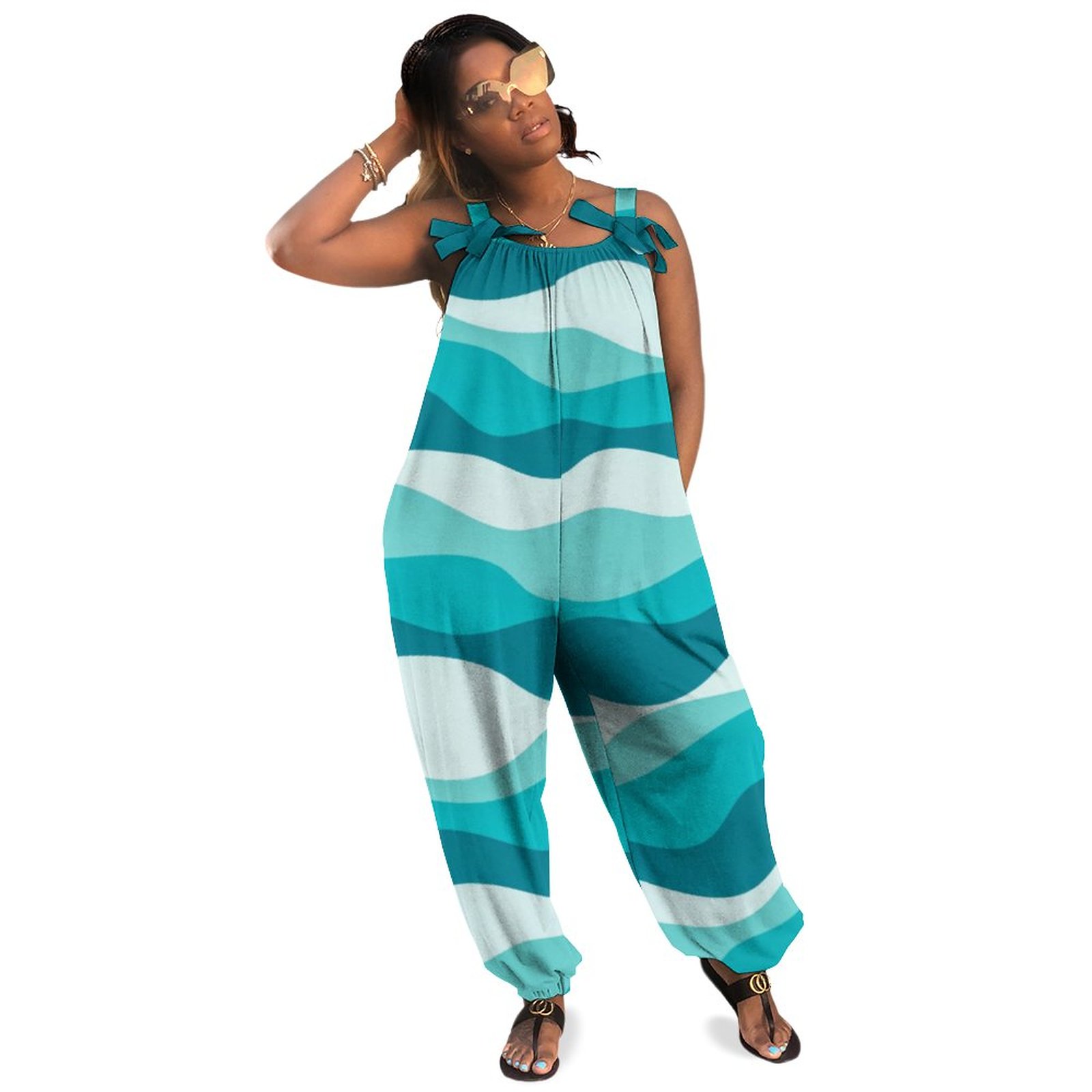 Simple Blue Ocean Waves Abstract Pattern Plus Size Sleeveless Jumpsuit Summer Harem Pants Women Casual Loose Jersey Smocked Jumpsuit Boho Pockets