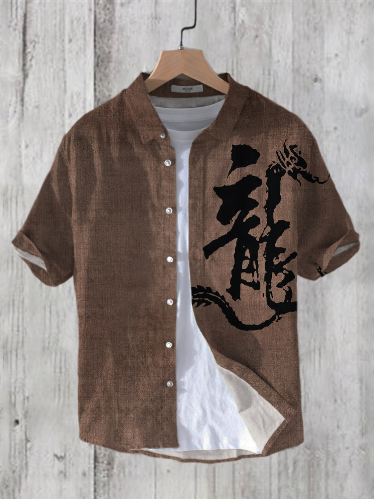 menweary Dragon Art Linen Short Sleeves Shirt