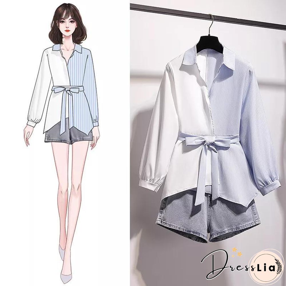 Fashion Patchwork Blouse+Denim Shorts P11619