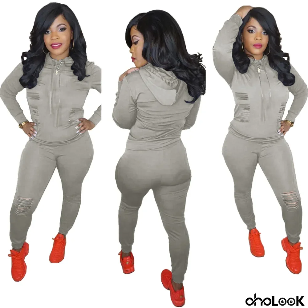 Autumn Solid Plain Ripped Tight Hoody Jogger Set