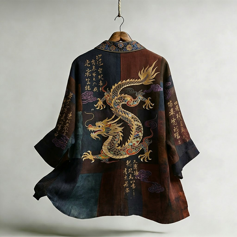 Men's Vintage Japanese Calligraphy Dragon Art Pattern Linen Blend Kimono  artssus