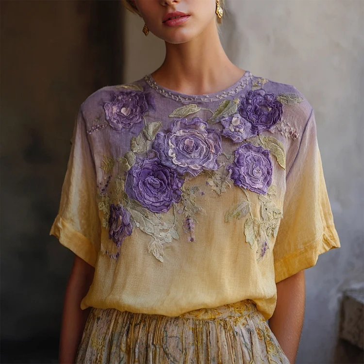 Elegant Boho Purple Roses Embroidered Gradient Linen T Shirt