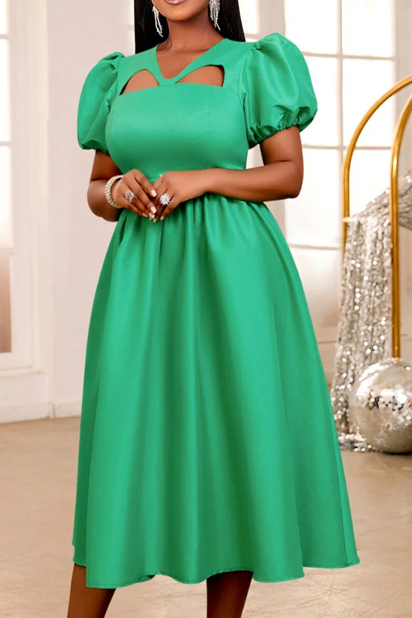 Solid Color Sweet Puff Sleeve Cutout Midi Dress