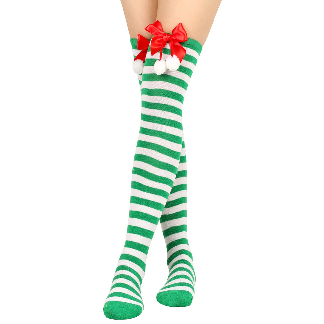 Bow Full Stripes Christmas Thigh High Socks