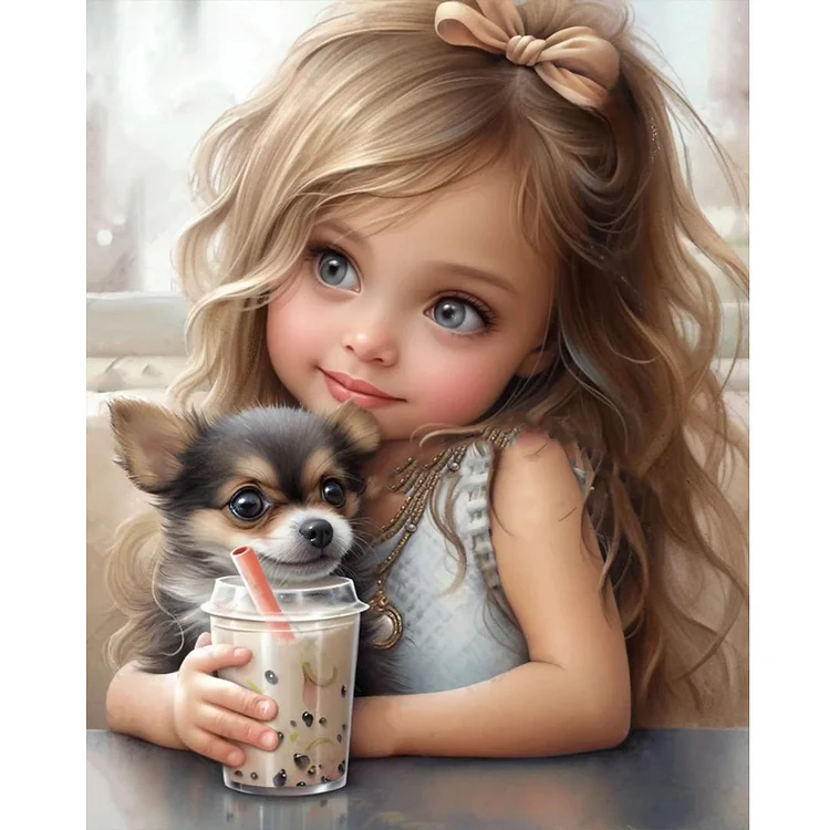 Full Round Diamond Painting - Girl Drinking Coffee With Puppy 40*50CM