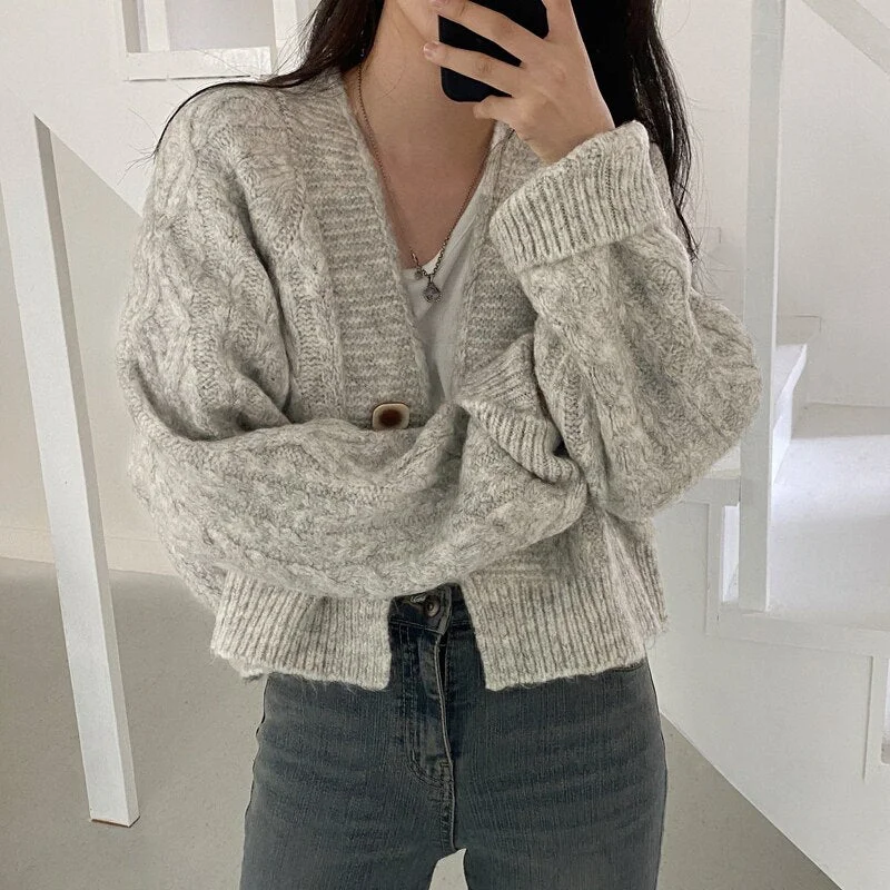 Syiwidii Vintage Criss Cross Woman Crop Sweater Autumn Winter 2021 New Cardigan Long Sleeve V Neck Button Up Casual Knitted Coat