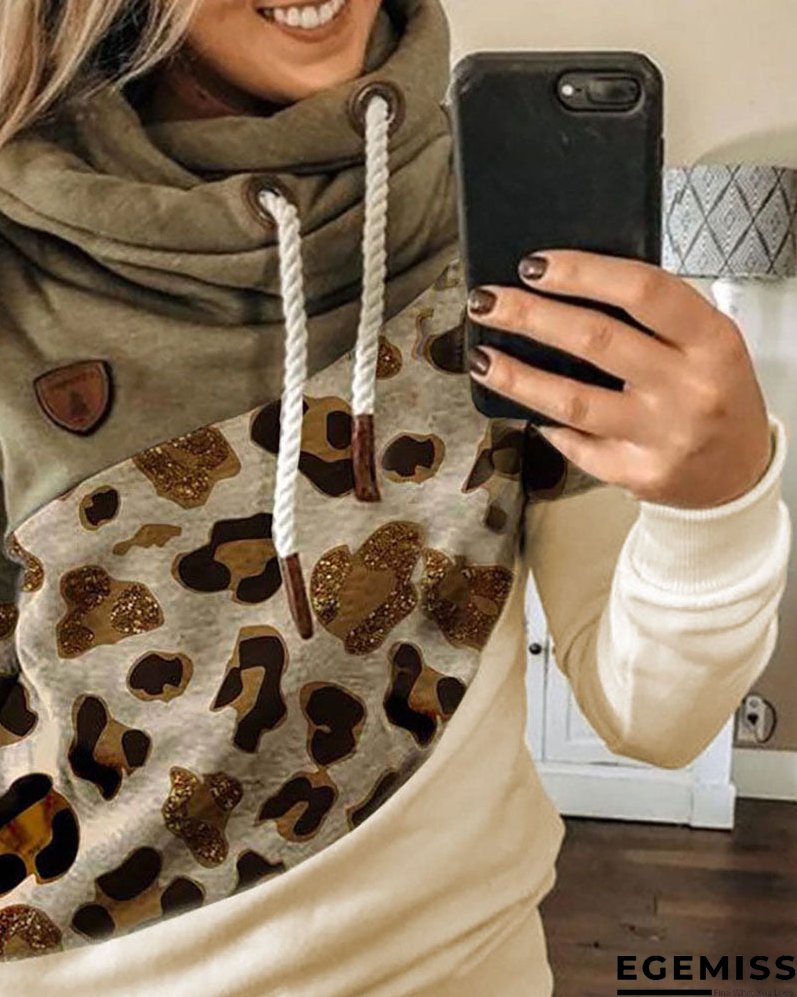 Lantern Sleeve Colorblock Leopard Print Hooded Top | EGEMISS