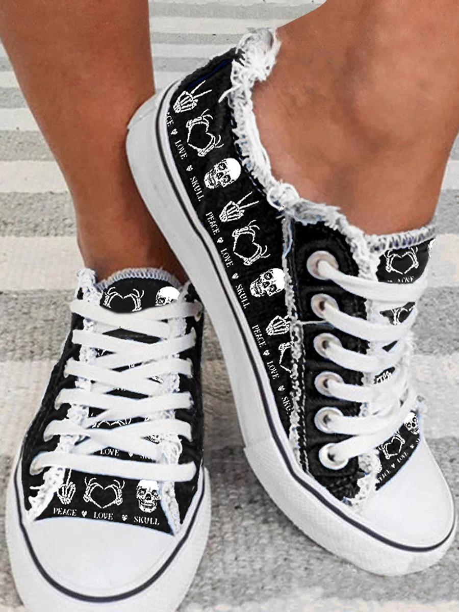 Peace Love Skull Print Lace-up Frayed Flat Canvas Sneakers