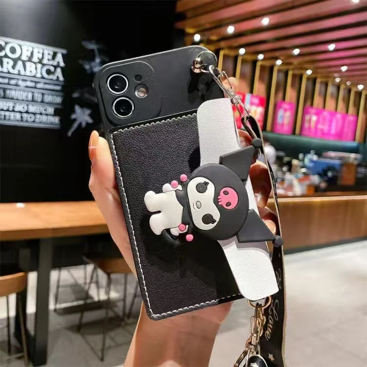 Sanrio Kuromi Cartoon Mobile Case With Wallet lanyard For iPhone 14 13 12 11 Pro Max Mini XR XS MAX 8 X 7 Anti-drop Soft Cover