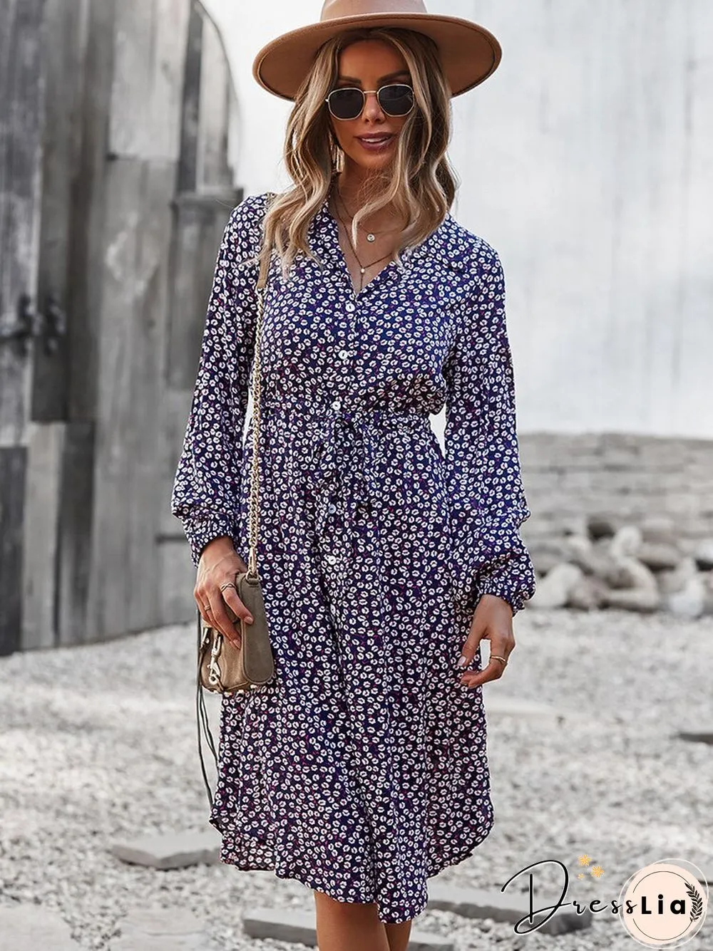 Dress for Women New Spring Autumn Printed Belt Waist A-Line Skirt Temperament Commuter