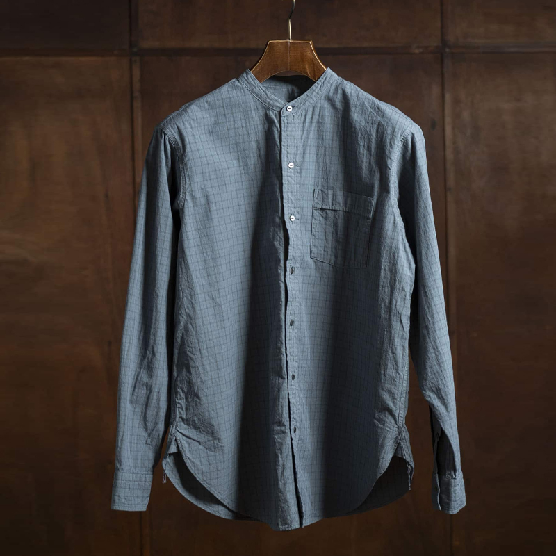 Men's Checked Stand Collar Long Sleeve Dusty Blue Shirt