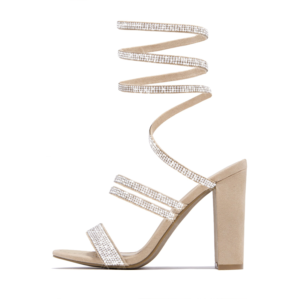 Khaki Vegan Suede Open Toe Spiral Rhinestone Strappy Heeled Sandals Nicepairs
