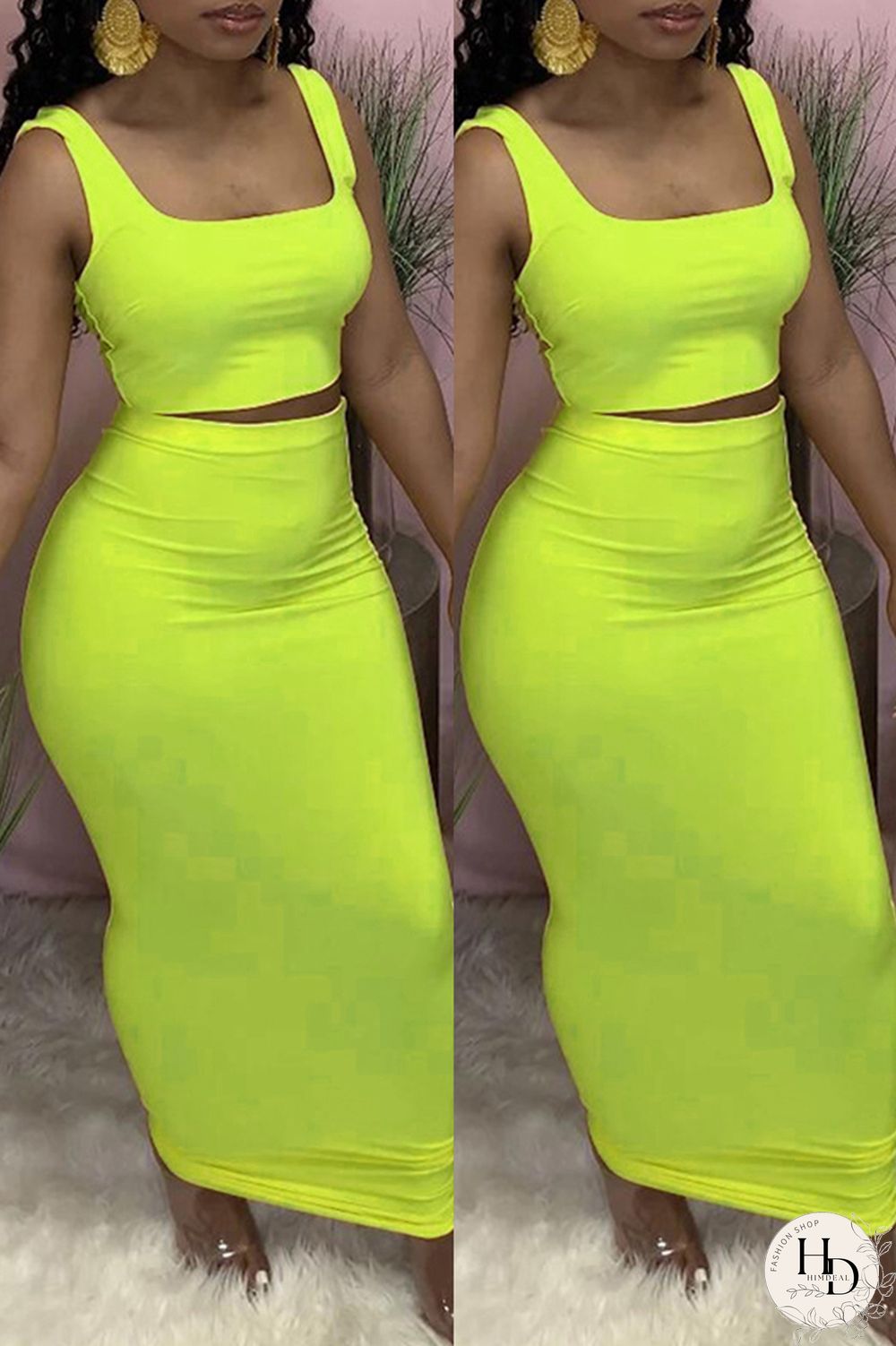 Yellow Casual Solid Vests Square Collar Sleeveless Two Pieces