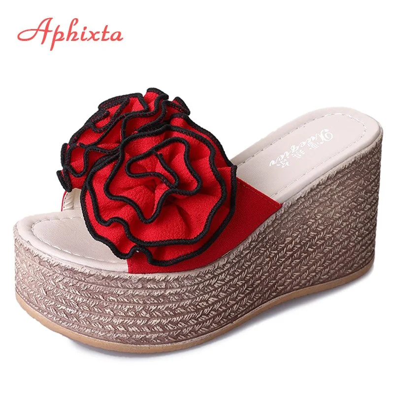 Aphixta Flower Wedge Heels Slippers Women 9cm Cow Suede Bow Women Mulers Female 4cm Platform Sandals Clog Shoes Slides Women