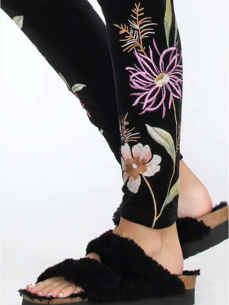 Casual Floral High Elastic Waist Velvet Skinny Pants