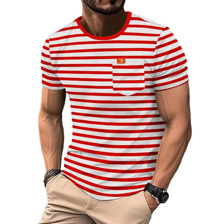 Men's Retro Striped Chest Pocket Short Sleeved T-Shirt 89640800Y