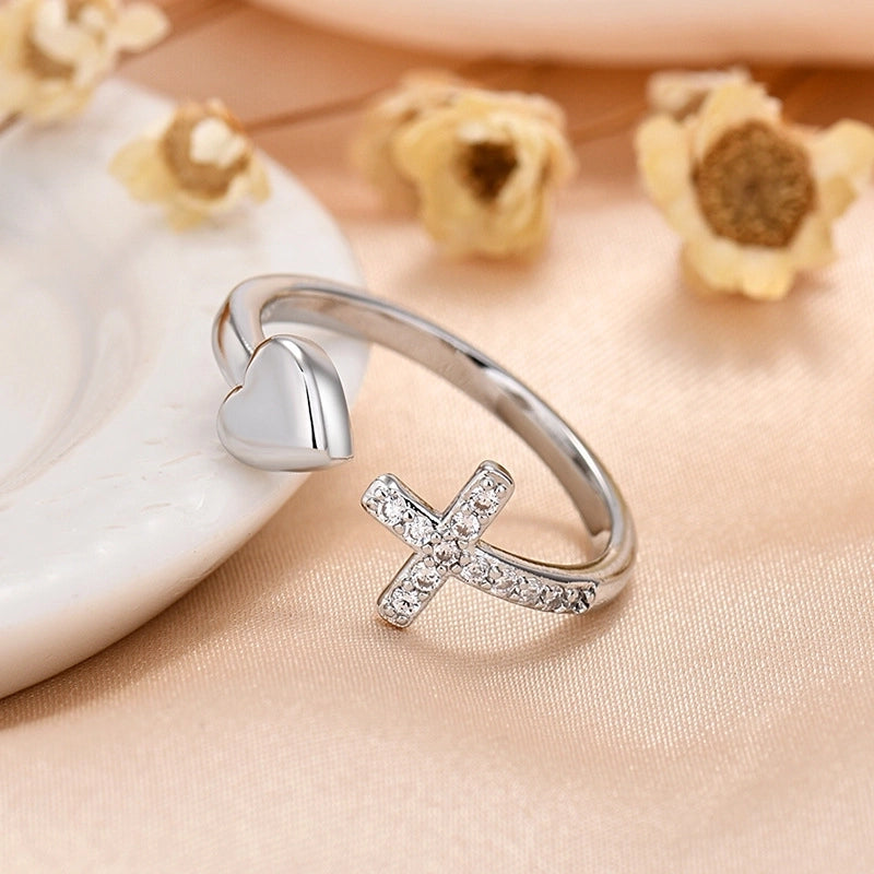 IG Style Cross Heart Shape Copper Zircon Inlay Open Rings